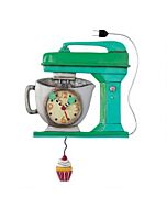 Retro-inspired wall clock depicting a green stand mixer with a swinging cupcake pendulum topped with a cherry; designed by Michelle Allen.