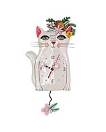 Charming wall clock depicting a white cat adorned with a floral crown, featuring flower-shaped clock hands and a swinging flower pendulum; designed by Michelle Allen.