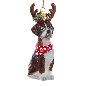 Boxer With Antlers Glass Ornament